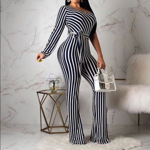 One shoulder Navy and white stripe jumpsuit Large